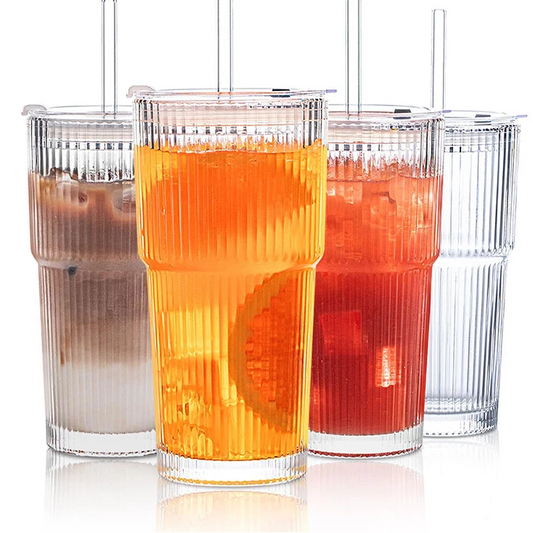 20 oz Ribbed Glass Tumblers with Lids and Straws