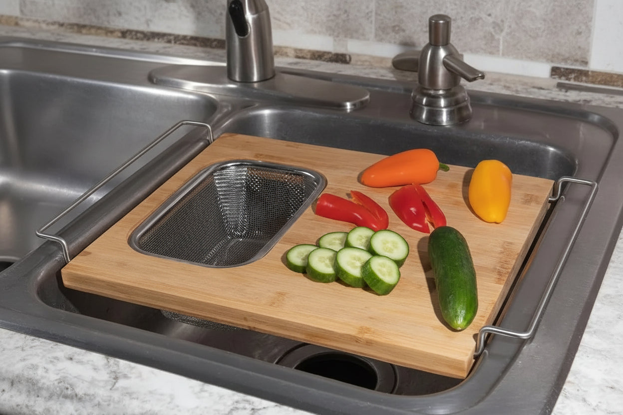 2-in-1 Over-the-Sink Bamboo Cutting Board with Removable Stainless Steel Strainer