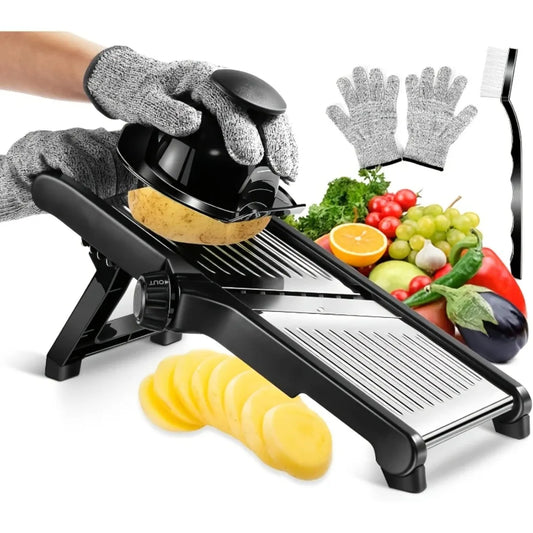 Stainless Steel Mandoline Slicer – Adjustable Food Chopper with 5 Blades & Hand Guard for Vegetables and Fruits, Easy to Clean United States black