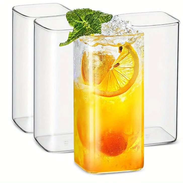Set of 6 Square Crystal Glass Cups – Borosilicate Drinkware in 3 Sizes 384ml 4pcs 301-400ml