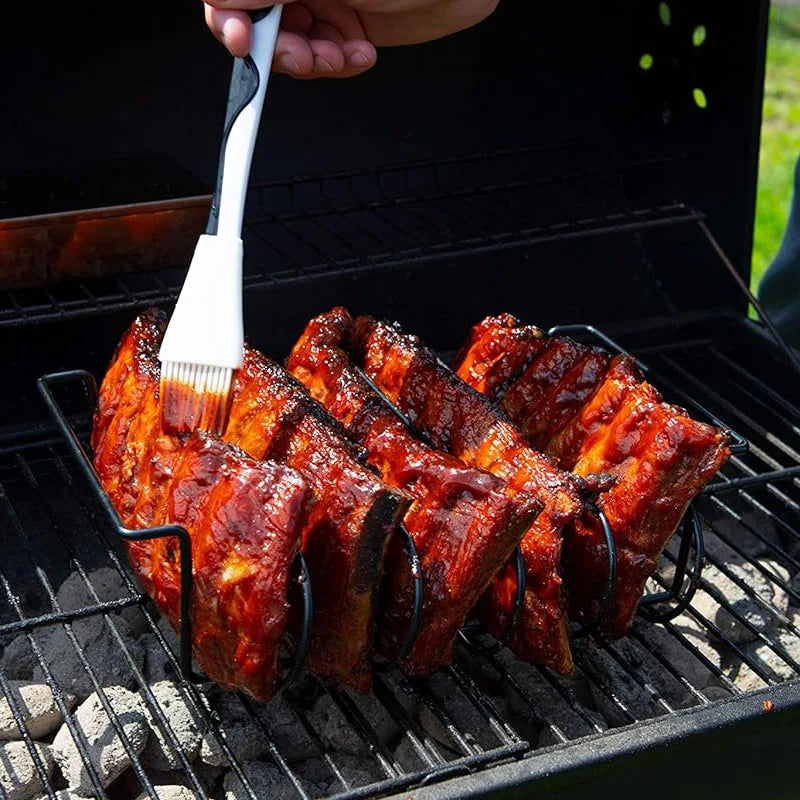 BBQ Rib Rack Stand | Non-Stick Coated Steel | Holds 4 Racks — Black & Silver