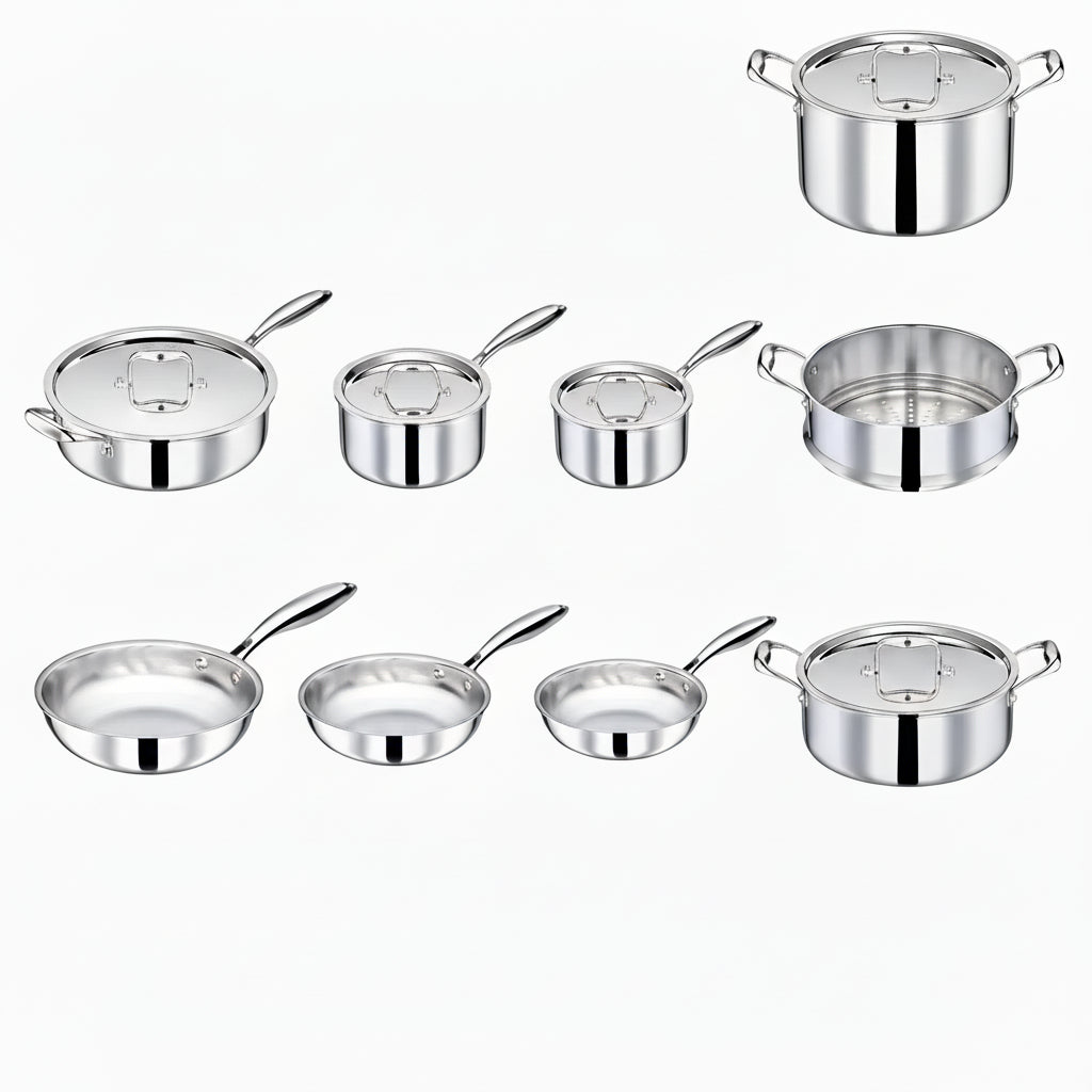 Stainless Steel Cookware Set, 5 Ply 14 Piece Stainless Steel Pot and Pan Set-Induction, Heavy Chef Quality, Oven Safe