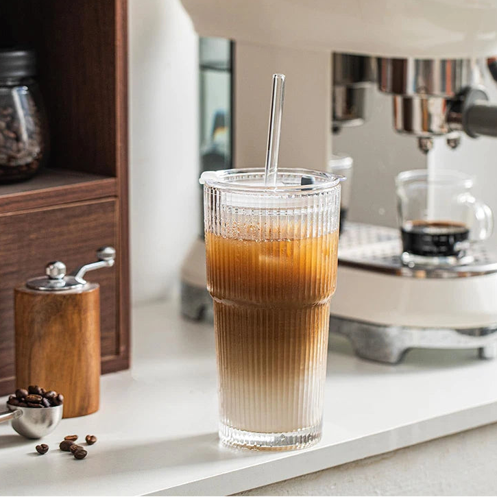 20 oz Ribbed Glass Tumblers with Lids and Straws
