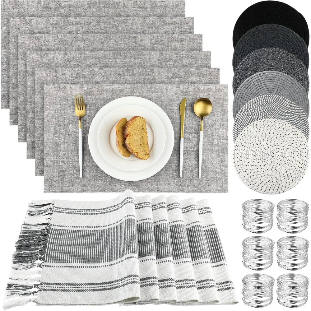 Macrame Table Runner Set 19 Pieces | Boho Placemats & Napkin Rings with Tassels