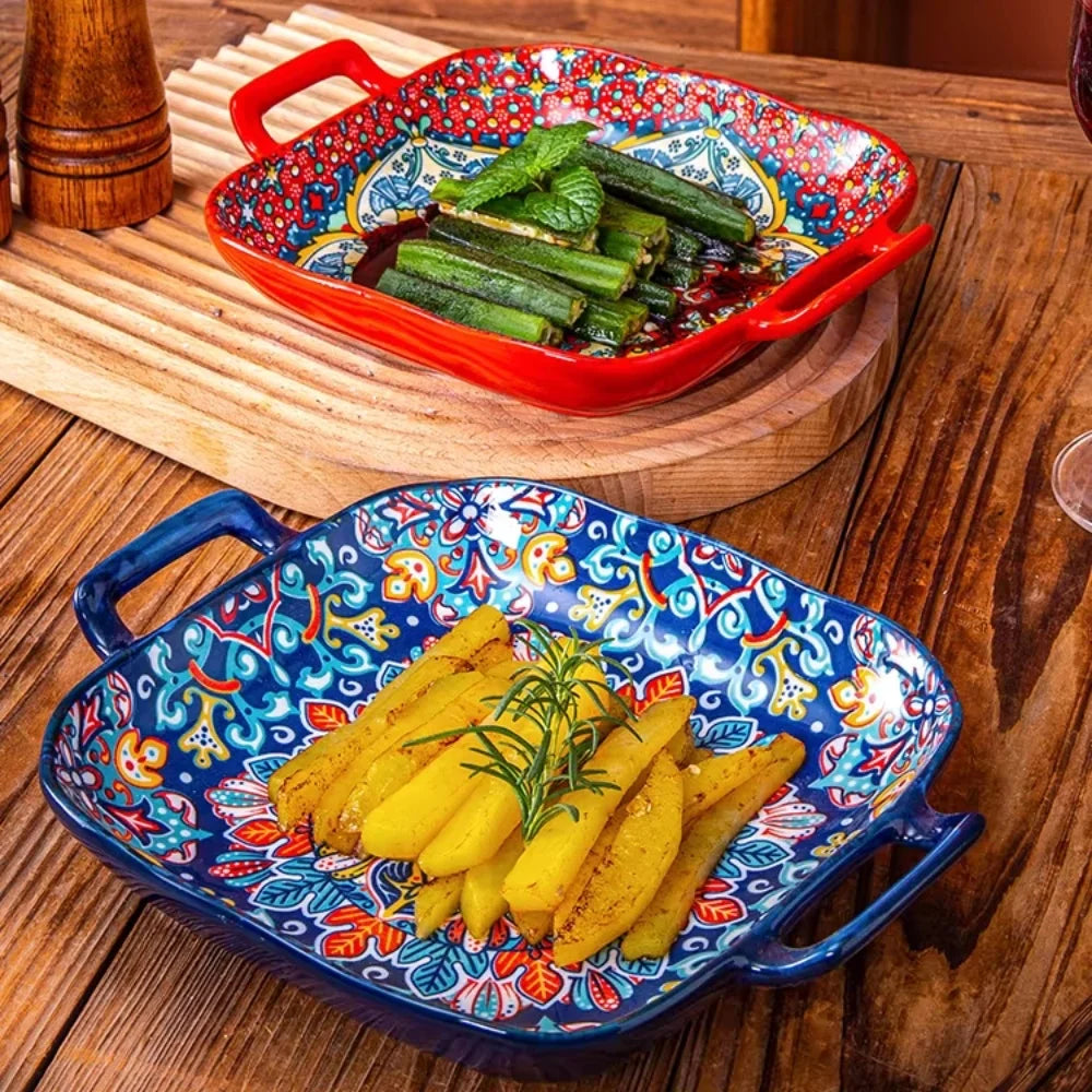 Hand-Painted Bohemian Ceramic Baking Dish - Square with Handles