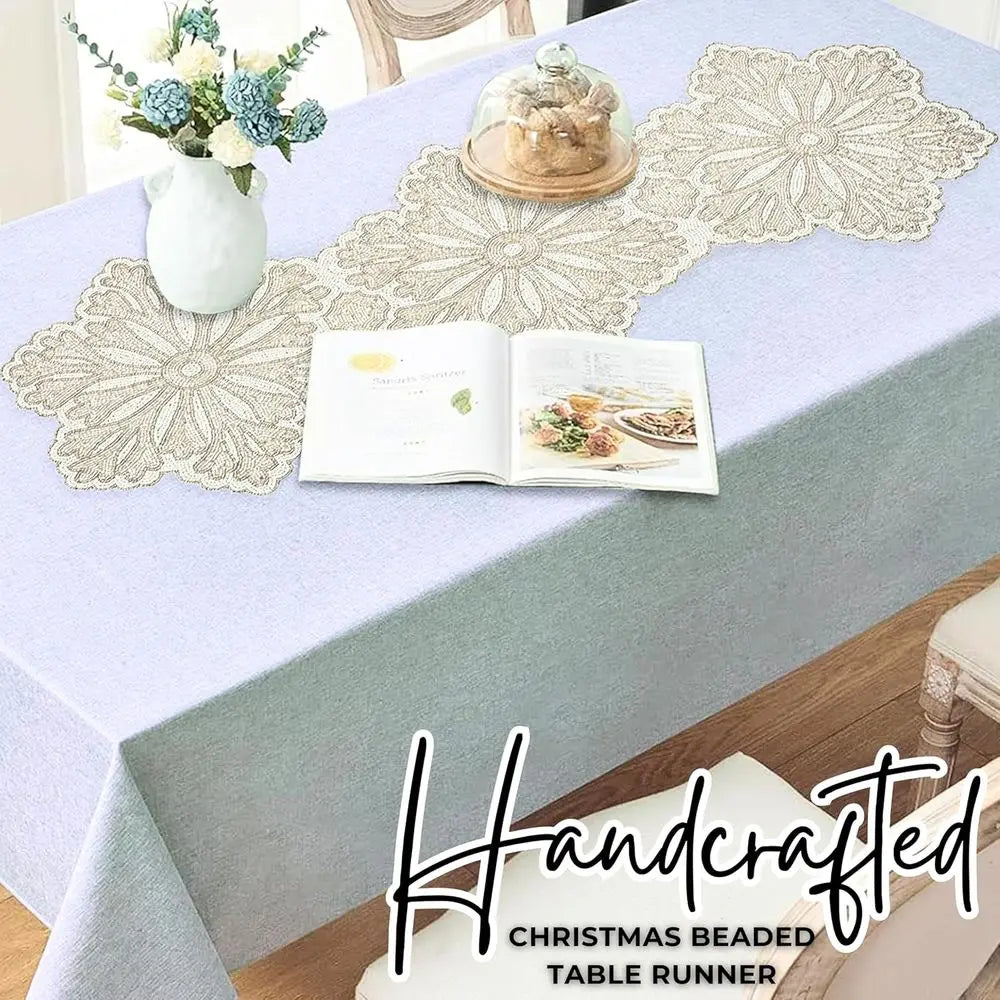 Silver-White Beaded Table Runner – Handcrafted Snowflake Design for Elegant Dining