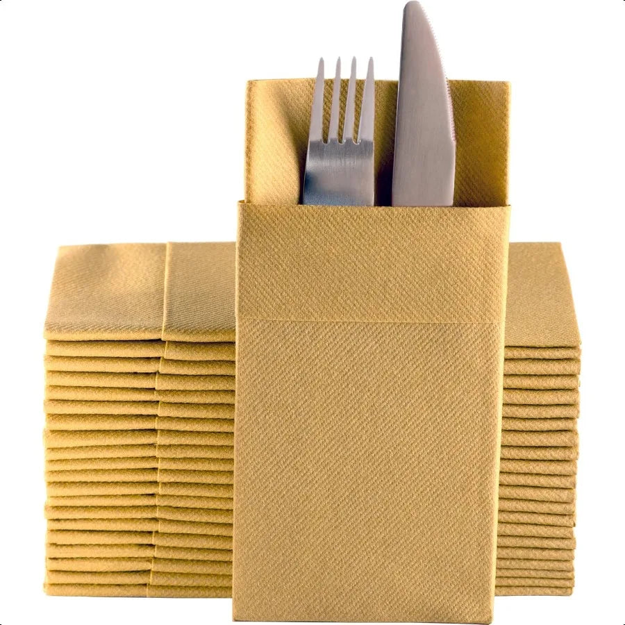 Gold Dinner Napkins with Built-In Flatware Pocket – Linen-Feel, Absorbent Cloth Napkins United States
