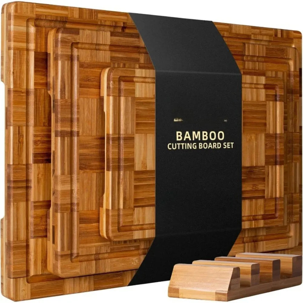 Premium Bamboo Cutting Board Set with Stand – 4-Piece End-Grain Chopping Boards with Juice Grooves &amp; Storage Rack | Durable, Knife-Friendly Kitchen Board Set brown United States