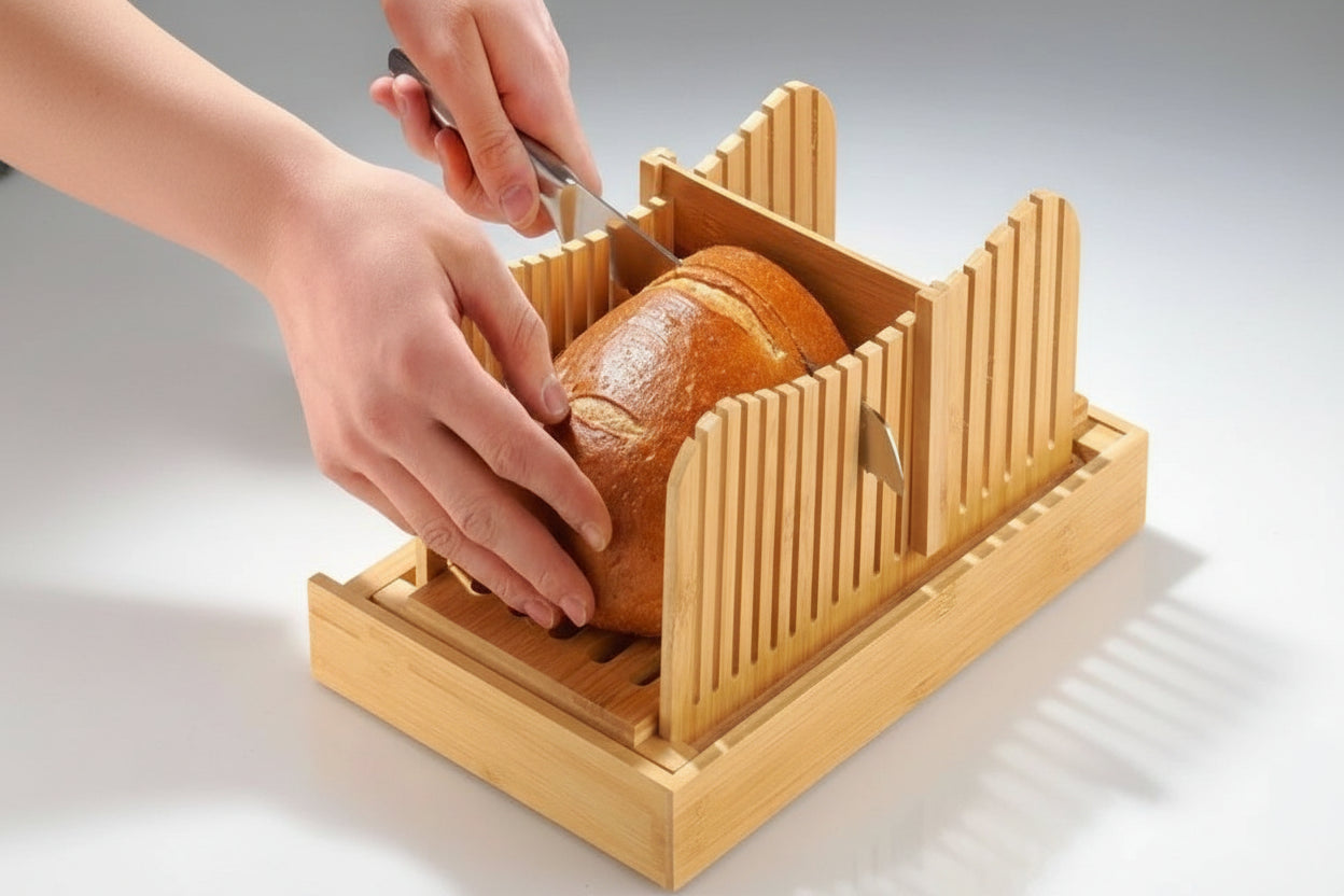 Bamboo Bread Slicer with Crumb Tray - Adjustable Foldable Toast Cutter