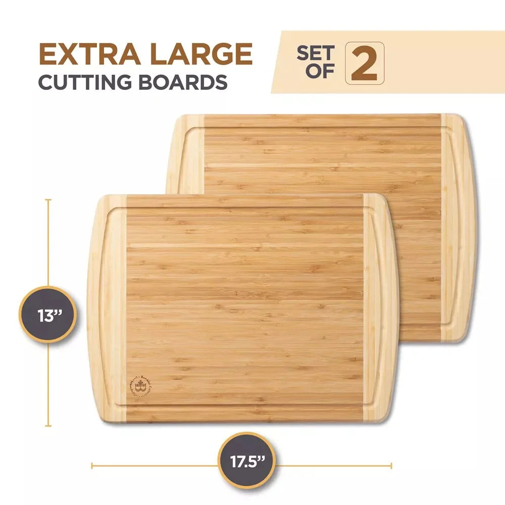 Premium Bamboo Cutting Board Set – Large 2-Pack Non-Slip Chopping Blocks with Deep Juice Grooves & Charcuterie Serving Trays