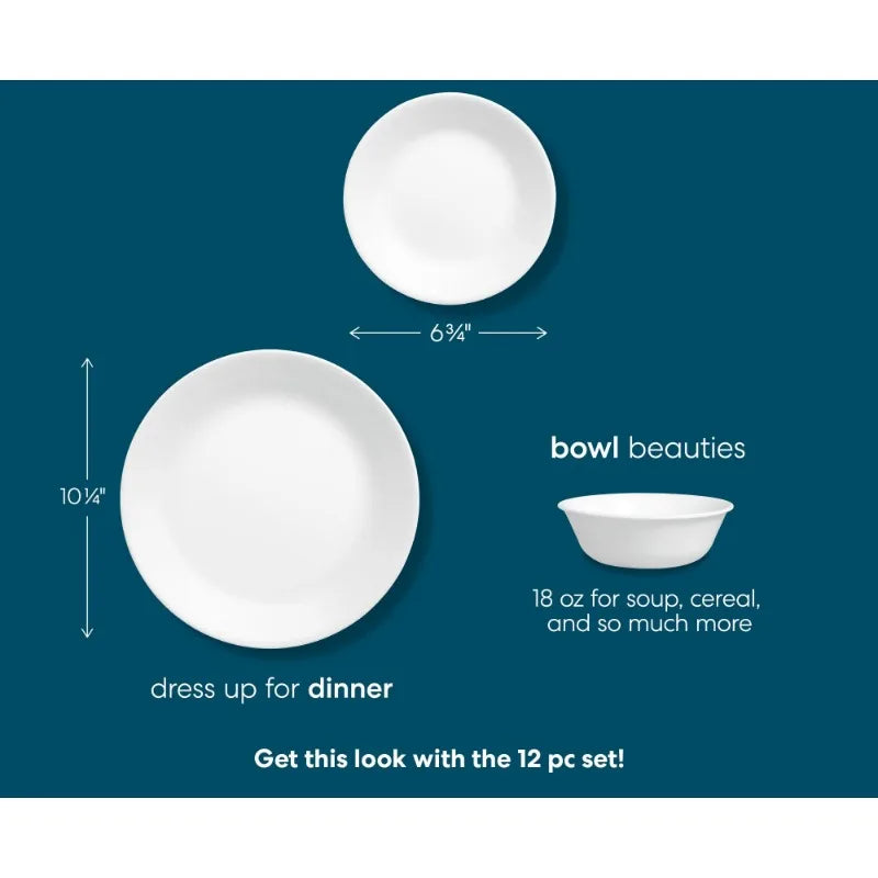 Plain White Round 12-Piece Dinnerware Set – Classic Ceramic Dishes for Everyday Dining Service for 4