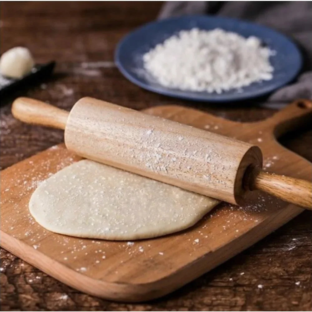 Wooden Rolling Pin - 360° Rotating Handles for Baking