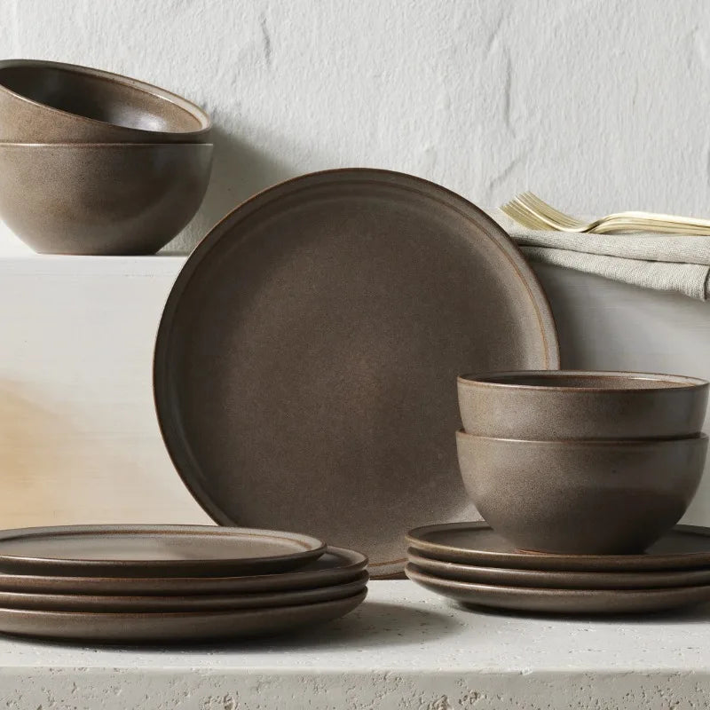 Banks Brown 12-Piece Stoneware Dinnerware Set - Rustic Tableware Collection
