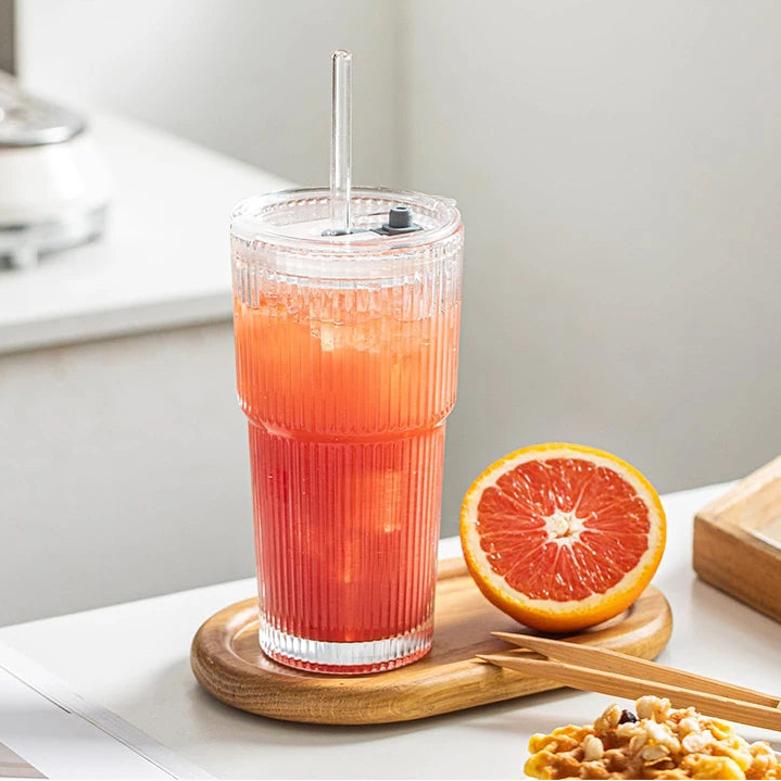 20 oz Ribbed Glass Tumblers with Lids and Straws