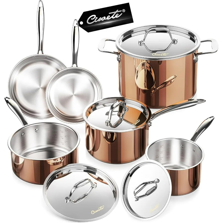 Whole Tri-ply 18/10 Stainless Steel Pot and Pan Set (10 Piece), Copper Pots and Pans Set with Stainless Steel Lid, Induction Cook United States