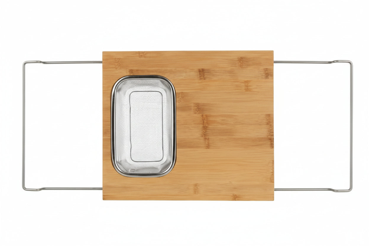 2-in-1 Over-the-Sink Bamboo Cutting Board with Removable Stainless Steel Strainer