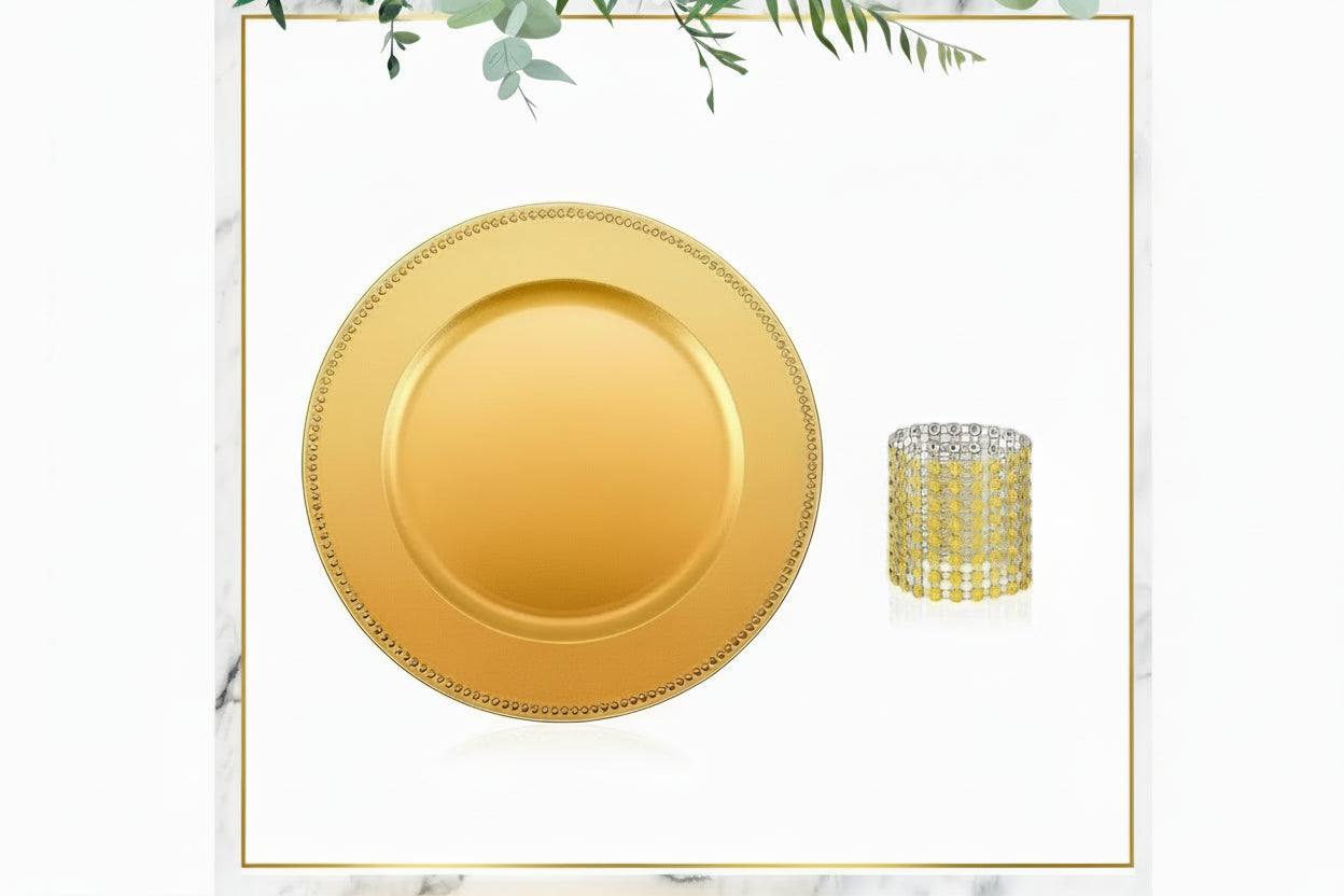 100-Piece Charger Plate & Napkin Ring Set – 50 Beaded Plastic 13” Charger Plates with 50 Napkin Rings