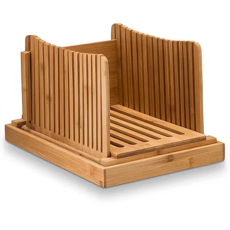 Bamboo Bread Slicer with Crumb Tray - Adjustable Foldable Toast Cutter