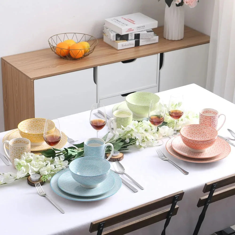 Vancasso Natsuki 16-Piece Japanese-Style Porcelain Dinnerware Set – Multi-Color Tableware Service for 4