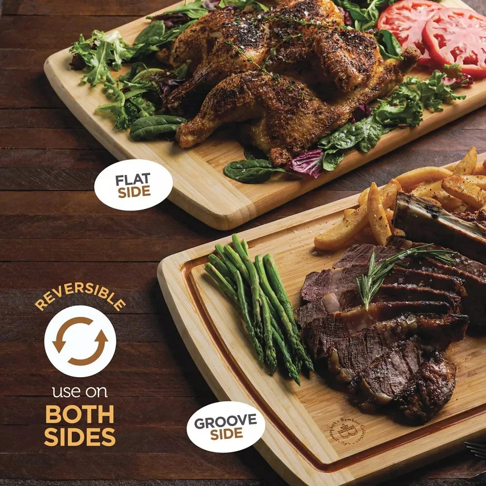 Premium Bamboo Cutting Board Set – Large 2-Pack Non-Slip Chopping Blocks with Deep Juice Grooves & Charcuterie Serving Trays