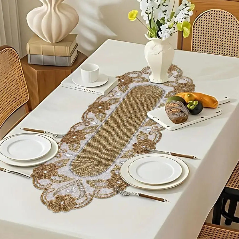 Gold & Ivory Beaded Table Runner – Handmade Floral Design, 36" Luxury Holiday Decor