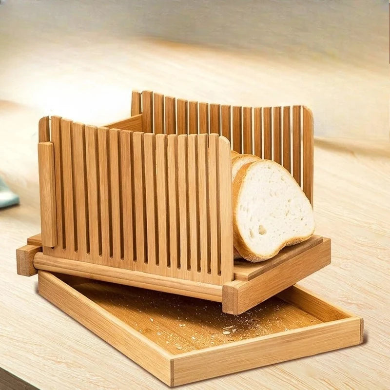 Bamboo Bread Slicer with Crumb Tray - Adjustable Foldable Toast Cutter C-Bamboo slicer