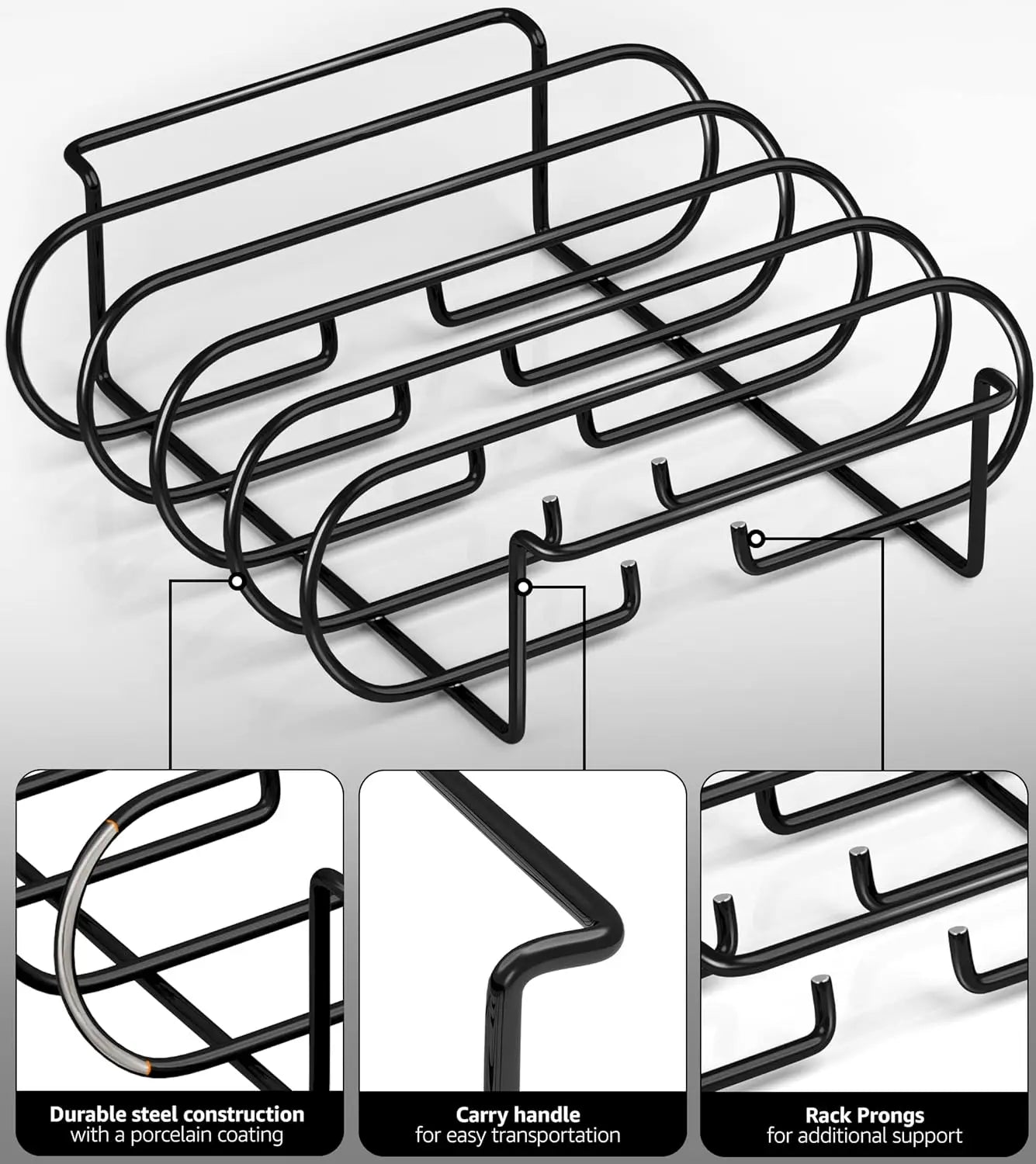 BBQ Rib Rack Stand | Non-Stick Coated Steel | Holds 4 Racks — Black & Silver