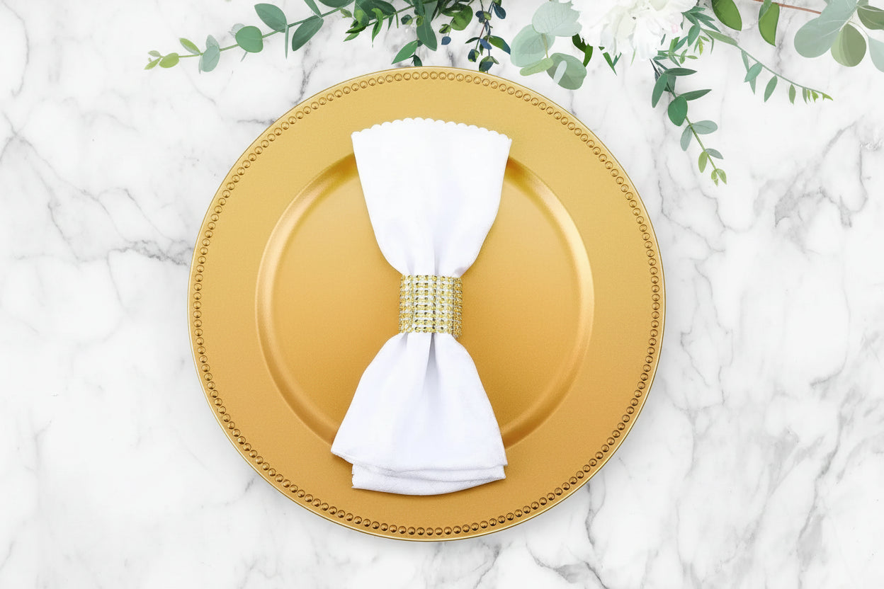 100-Piece Charger Plate & Napkin Ring Set – 50 Beaded Plastic 13” Charger Plates with 50 Napkin Rings