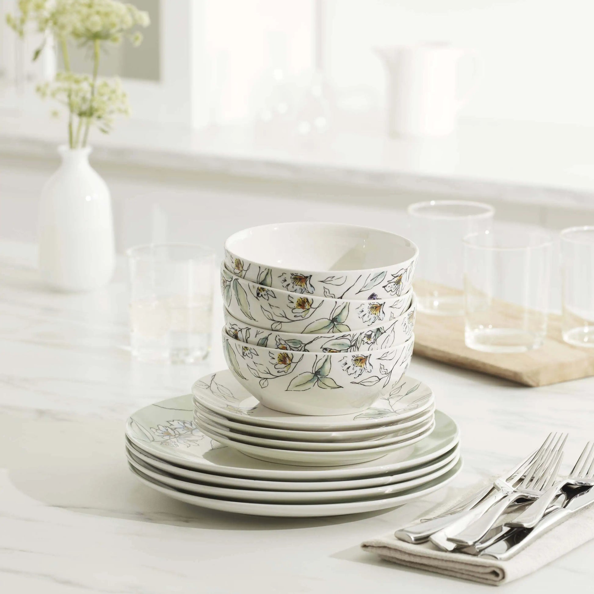 Entertain 365 12-Piece Botanica Dinnerware Set – Floral Ceramic Dishes Service for 4
