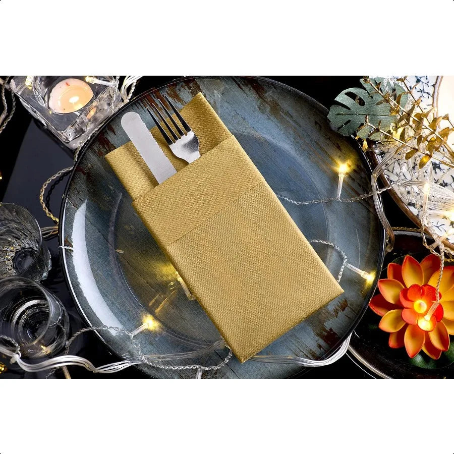Gold Dinner Napkins with Built-In Flatware Pocket – Linen-Feel, Absorbent Cloth Napkins