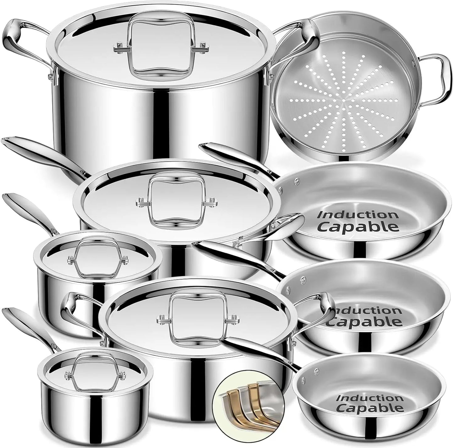 Stainless Steel Cookware Set, 5 Ply 14 Piece Stainless Steel Pot and Pan Set-Induction, Heavy Chef Quality, Oven Safe United States