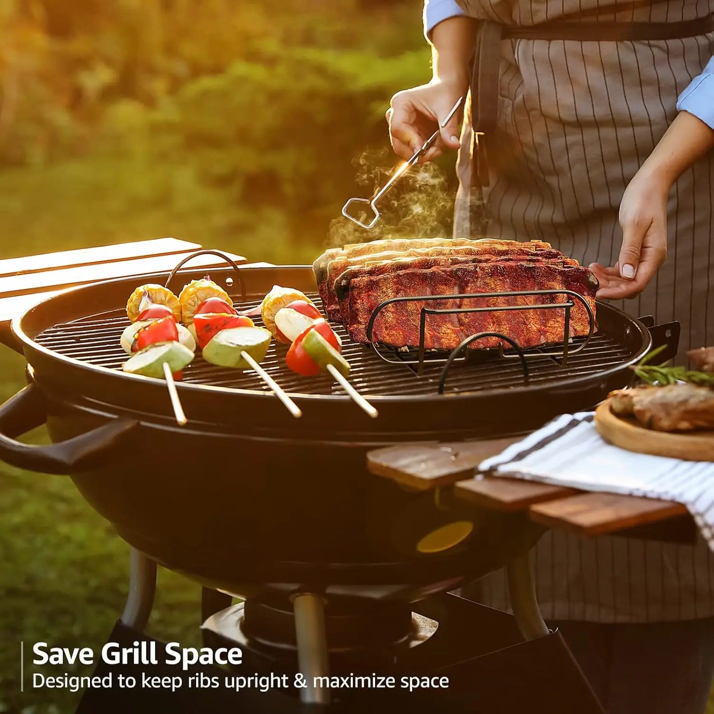 BBQ Rib Rack Stand | Non-Stick Coated Steel | Holds 4 Racks — Black & Silver