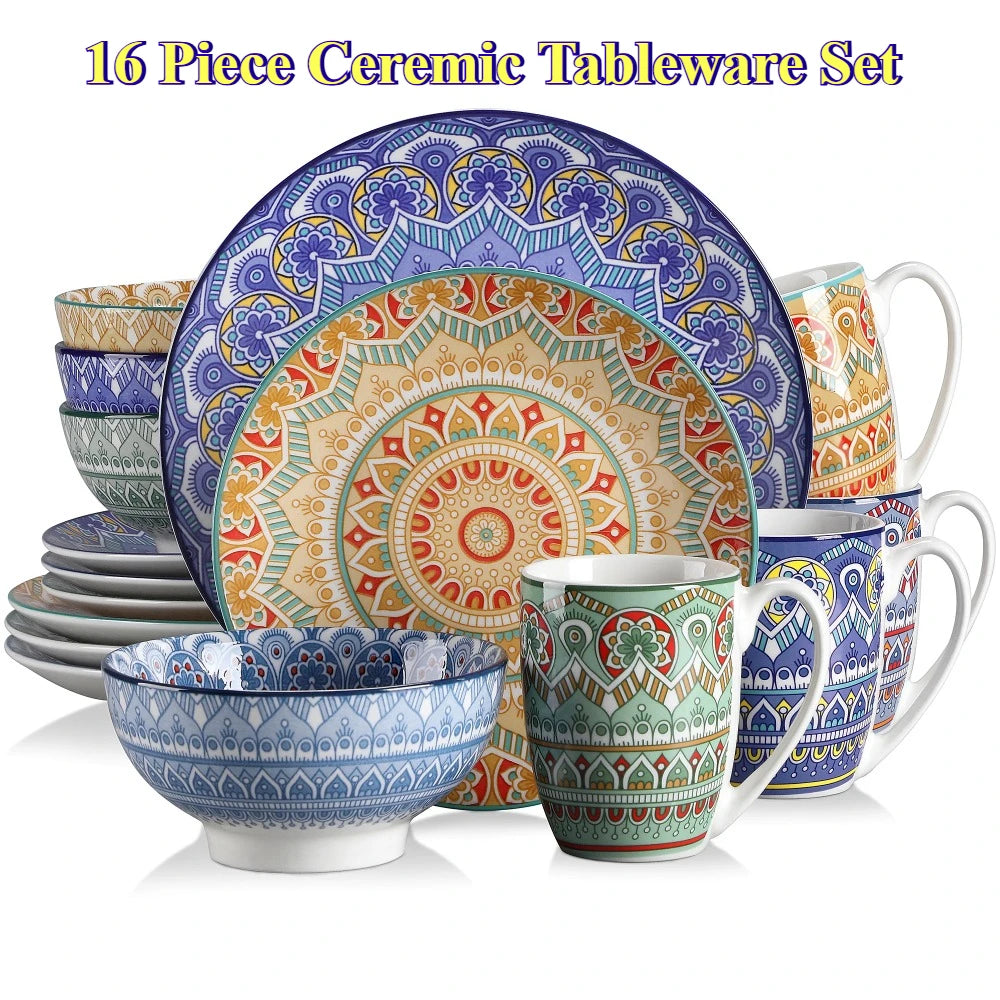 Vancasso Bohemian 16-Piece Mandala Patterned Porcelain Dinnerware Set – Ceramic Tableware Service for 4