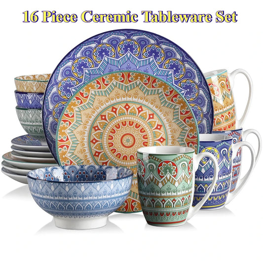 Vancasso Bohemian 16-Piece Mandala Patterned Porcelain Dinnerware Set – Ceramic Tableware Service for 4