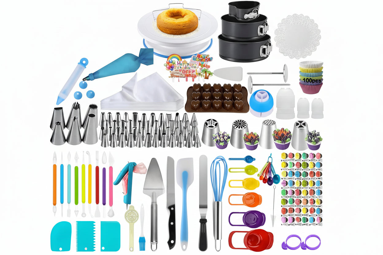390-Piece Silicone Bakeware Set: Cake Decorating Kit with 3 Springform Pans, 360° Rotating Turntable, 58 Piping Tips MULTI United States