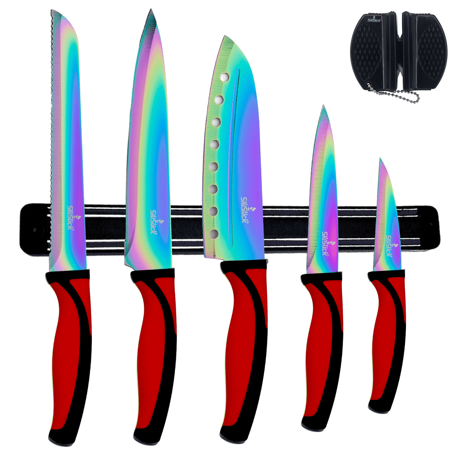 Kitchen Knife Set Kit | Red Handle & Black Magnetic Rack Kitchen Knife Set Kit | Red Handle & Black Magnetic Rack