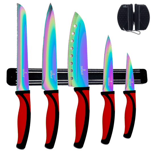 Kitchen Knife Set Kit | Red Handle & Black Magnetic Rack Kitchen Knife Set Kit | Red Handle & Black Magnetic Rack