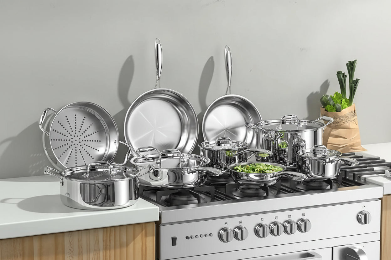 Stainless Steel Cookware Set, 5 Ply 14 Piece Stainless Steel Pot and Pan Set-Induction, Heavy Chef Quality, Oven Safe