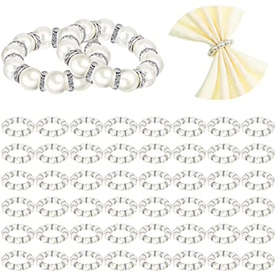 Silver Pearl Napkin Rings Set of 50 | Rhinestone Beaded Serviette Holders for Weddings & Parties United States