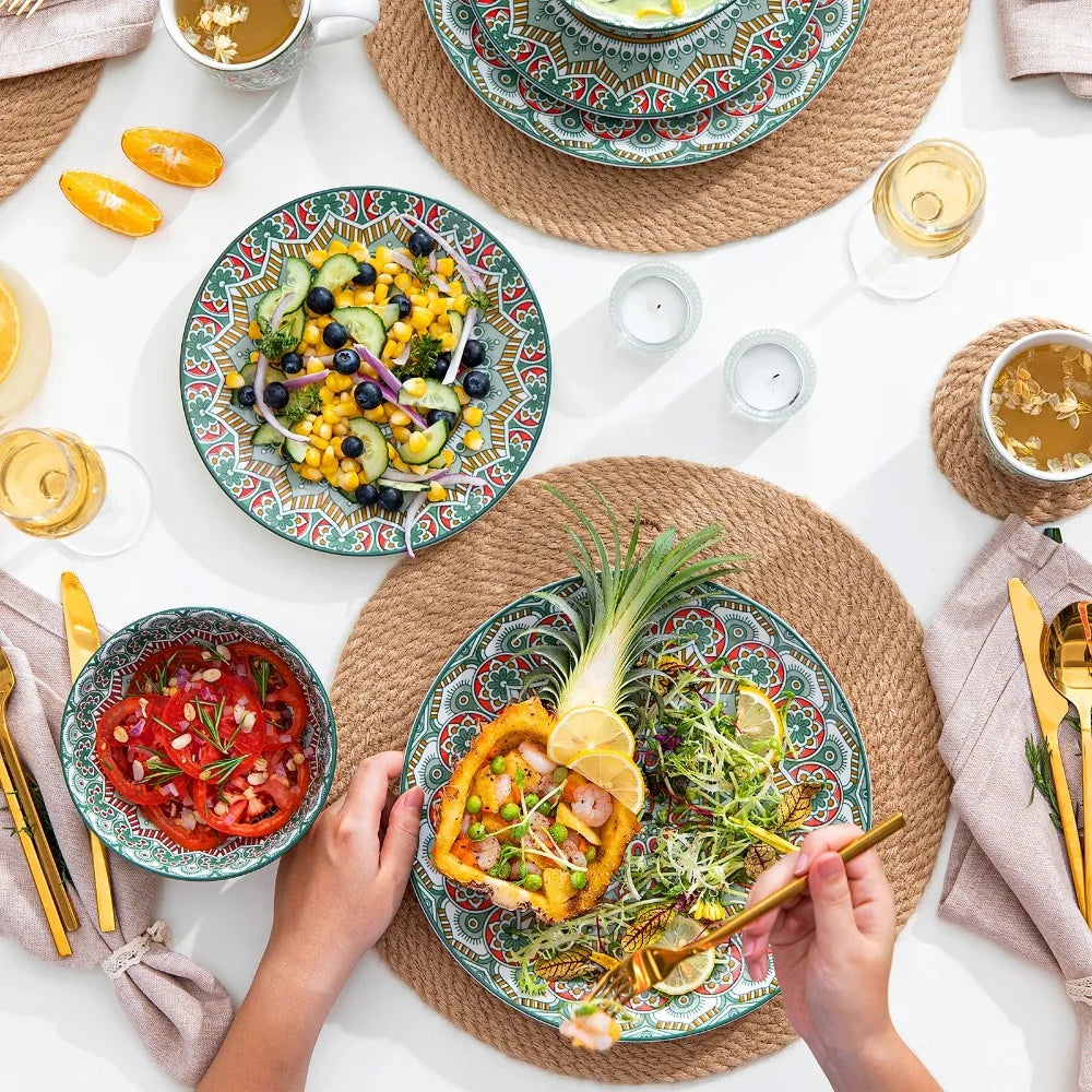 Vancasso Bohemian 16-Piece Mandala Patterned Porcelain Dinnerware Set – Ceramic Tableware Service for 4