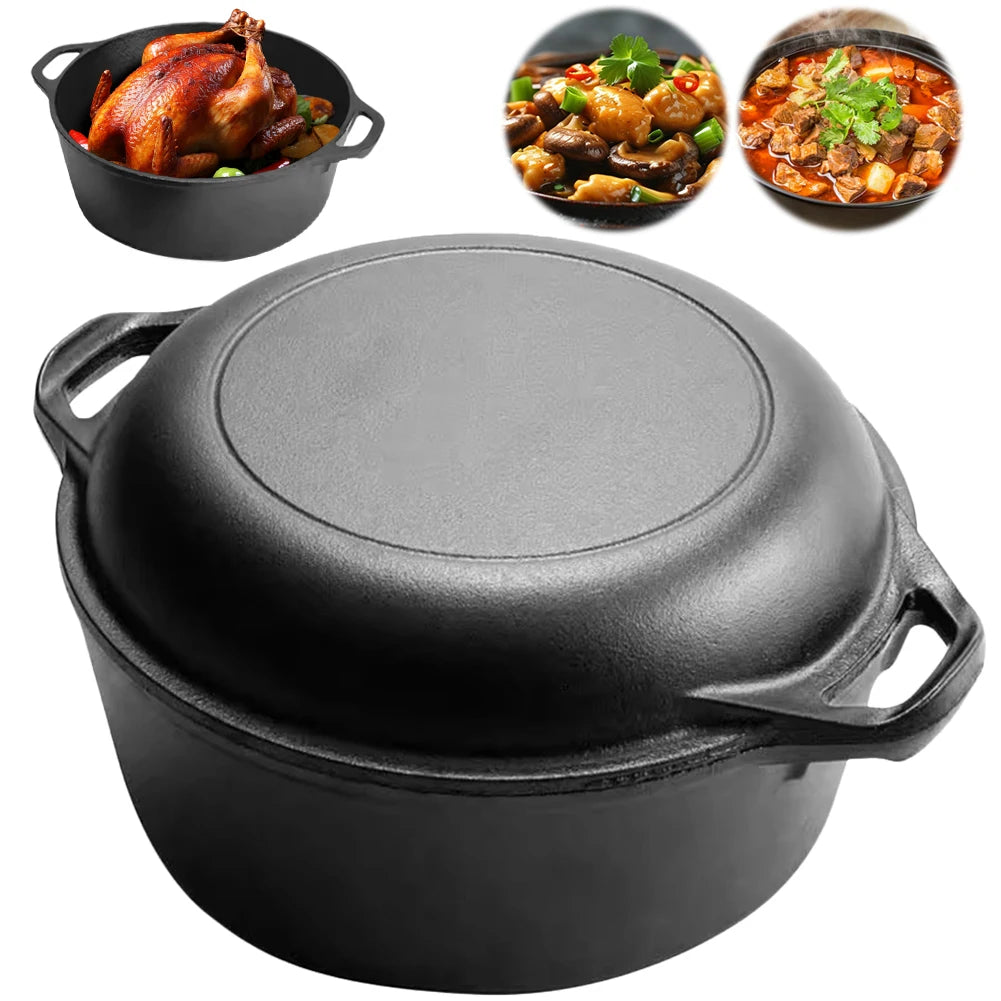 2‑in‑1 Cast Iron Dutch Oven with Skillet Lid – Heavy‑Duty Bread Baking & Cooking Pot for Oven, Stove, BBQ & Camping