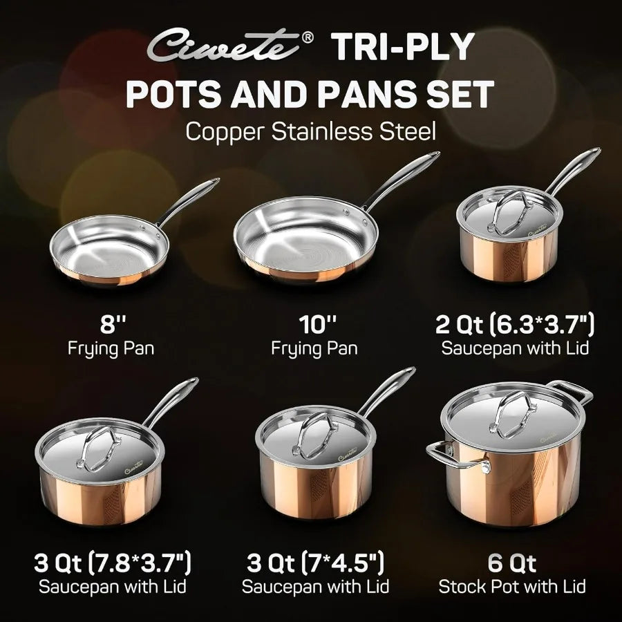 Whole Tri-ply 18/10 Stainless Steel Pot and Pan Set (10 Piece), Copper Pots and Pans Set with Stainless Steel Lid, Induction Cook