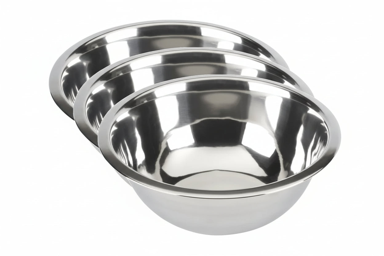 Three stainless steel bowls stacked on a white background 