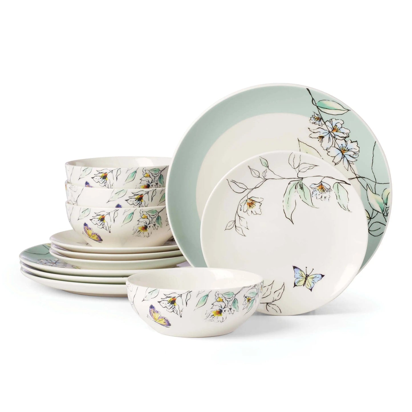 Entertain 365 12-Piece Botanica Dinnerware Set – Floral Ceramic Dishes Service for 4 United States green