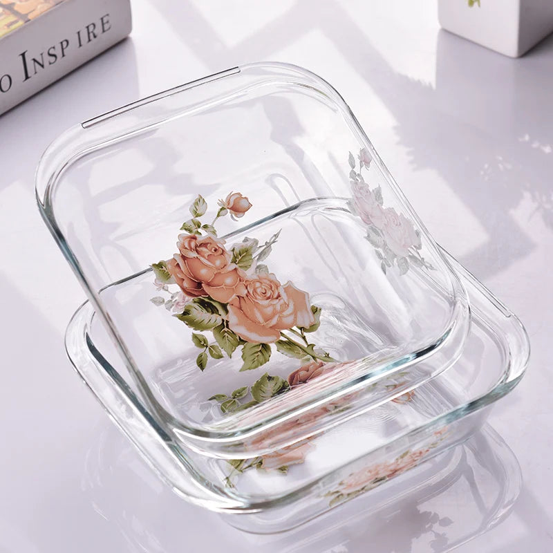 Golden Rose Plate Set Glass Dishes Retro Elegant Microwave Baking Tray Oval Baked Rice Salad Plate Large Capacity Food Container