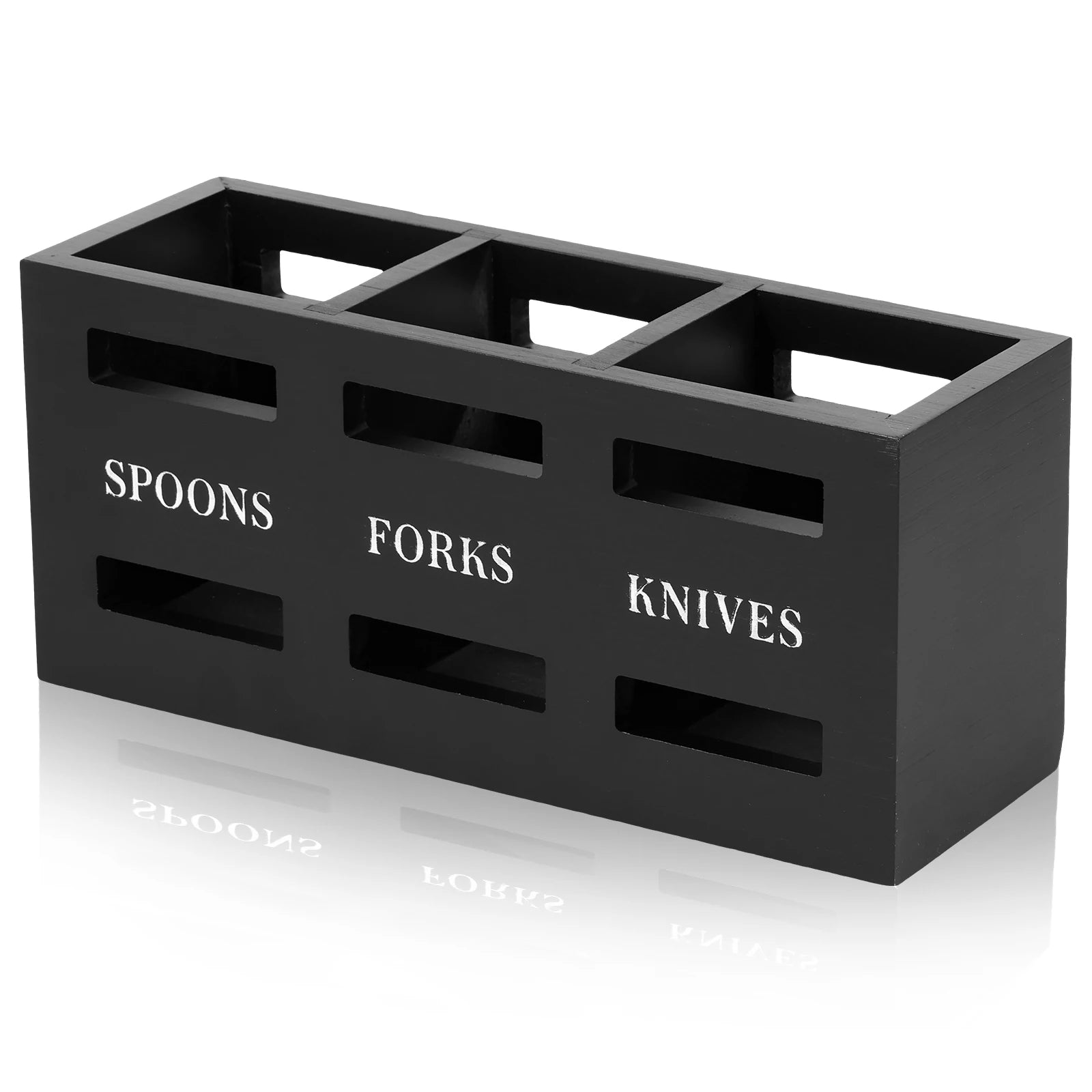 Wood Utensil Caddy – 3-Compartment Silverware Organizer for Kitchen Countertop black