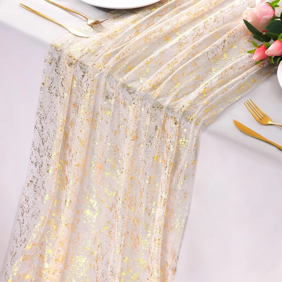 Gold Table Runner Sheer Gauze Chiffon Tulle Cheesecloth with Golden Sequin Glitter Metallic Foil for Elegant Entertainment United States