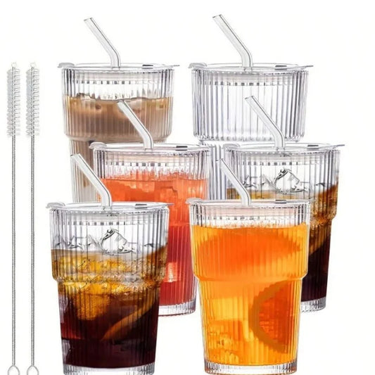 6 piece 13.5oz/400ml, ribbed glassware vintage vertical striped glass Clear 301-400ml United States