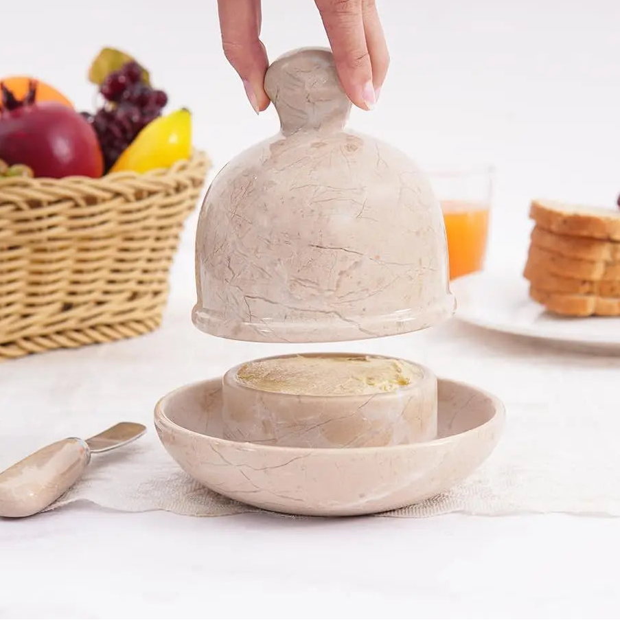 Natural Marble Butter Dish with Knife – Polished Verona Stone Butter Keeper (6 oz)