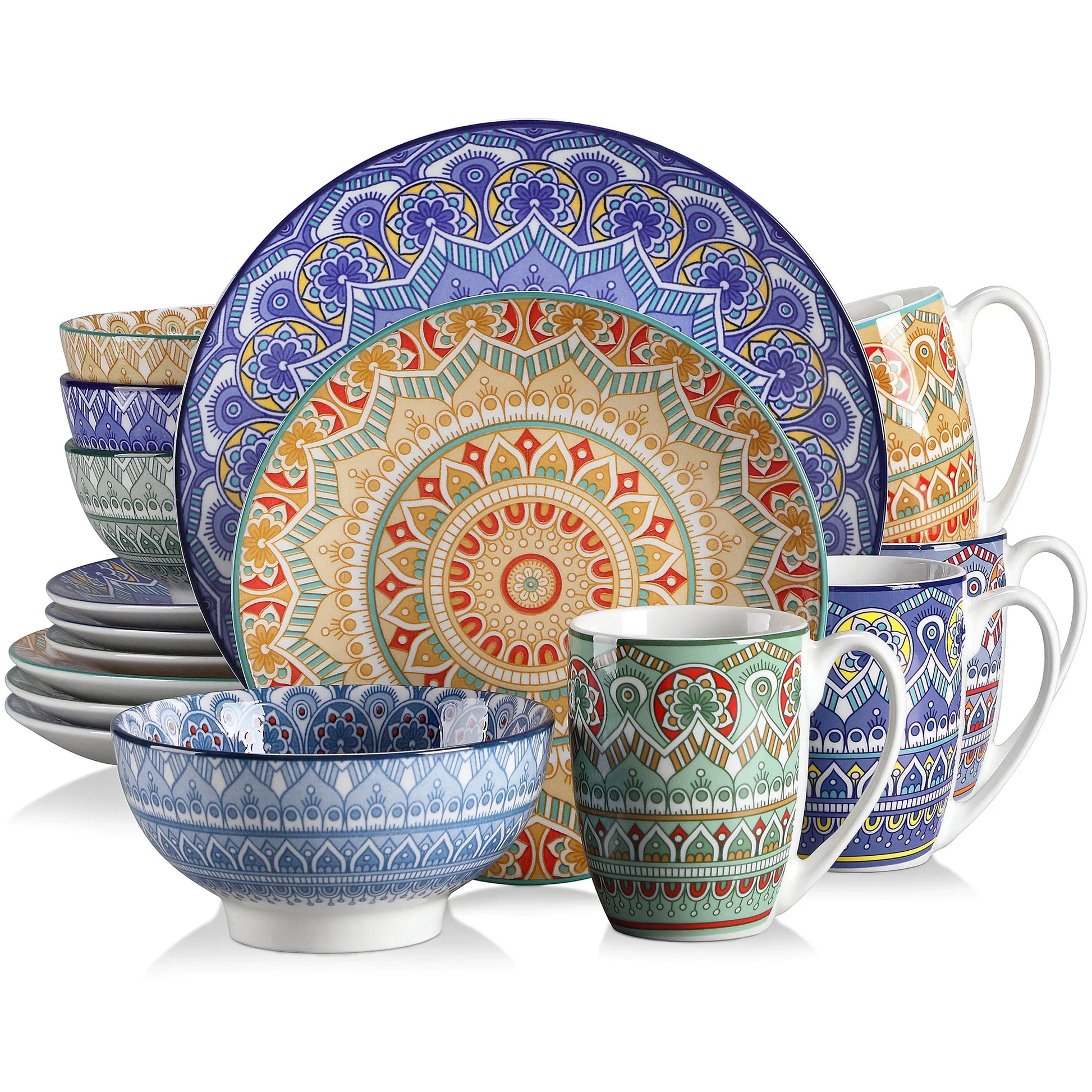 Vancasso Bohemian 16-Piece Mandala Patterned Porcelain Dinnerware Set – Ceramic Tableware Service for 4 United States 16-Piece Mix-Color